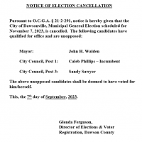 Notice of Municipal General Election Cancellation