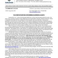 PRESS RELEASE PUBLIC HEALTH - FOX TESTS POSITIVE FOR RABIES IN DAWSON COUNTY 