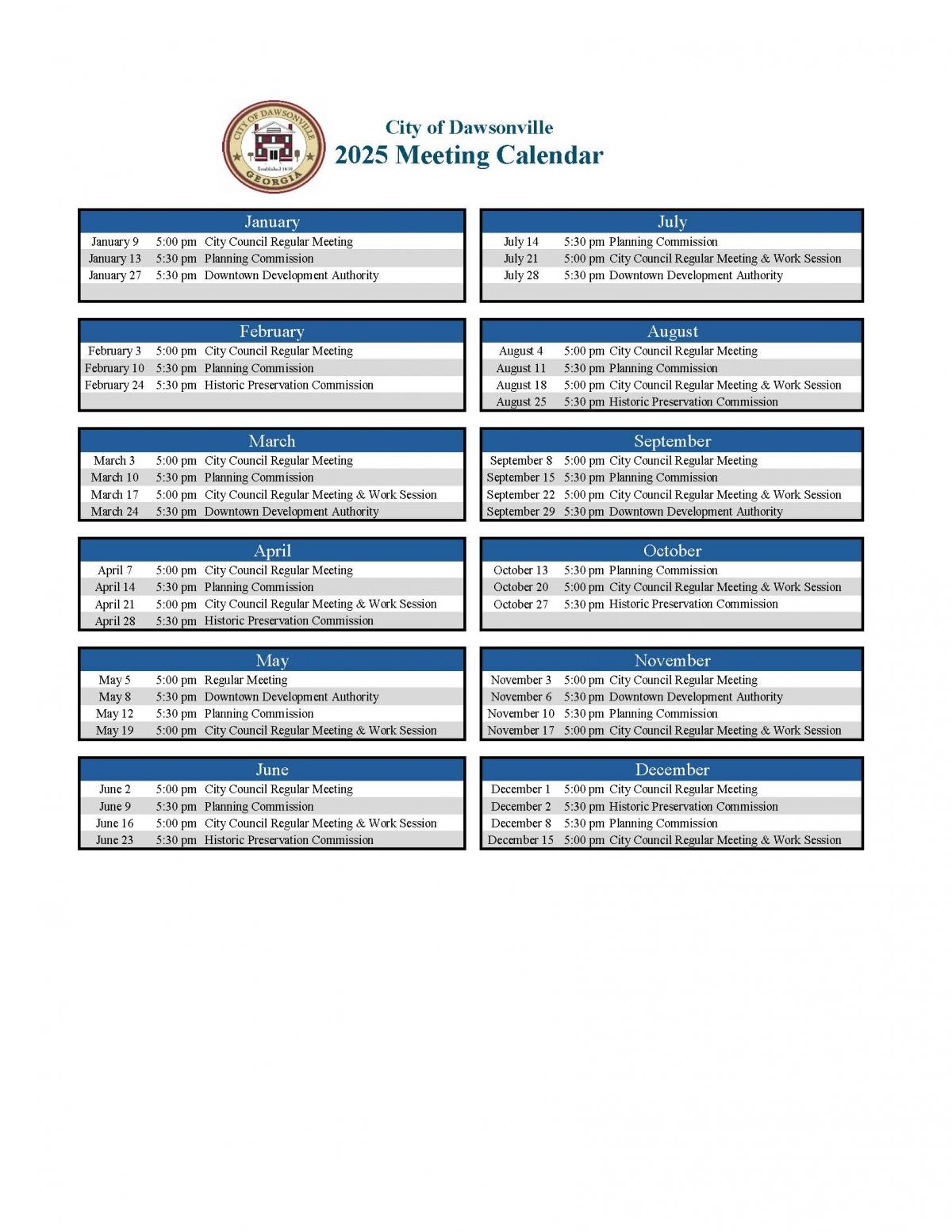 2025 Meeting Calendar