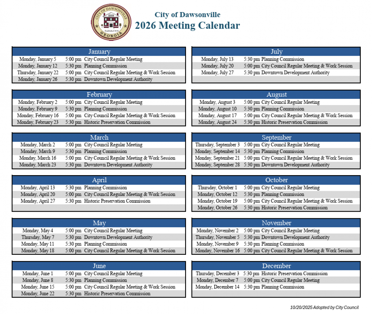 2026 Meeting Calendar