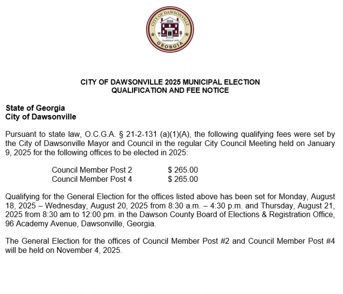 Notice of Qualifying Fees