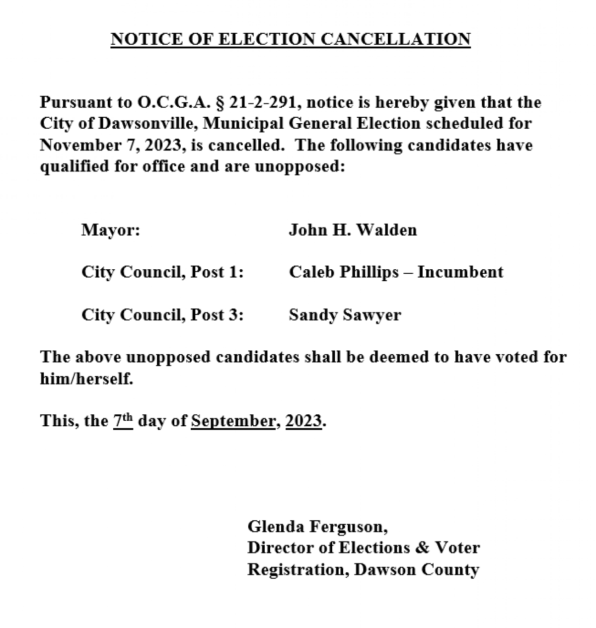 Notice of Municipal General Election Cancellation