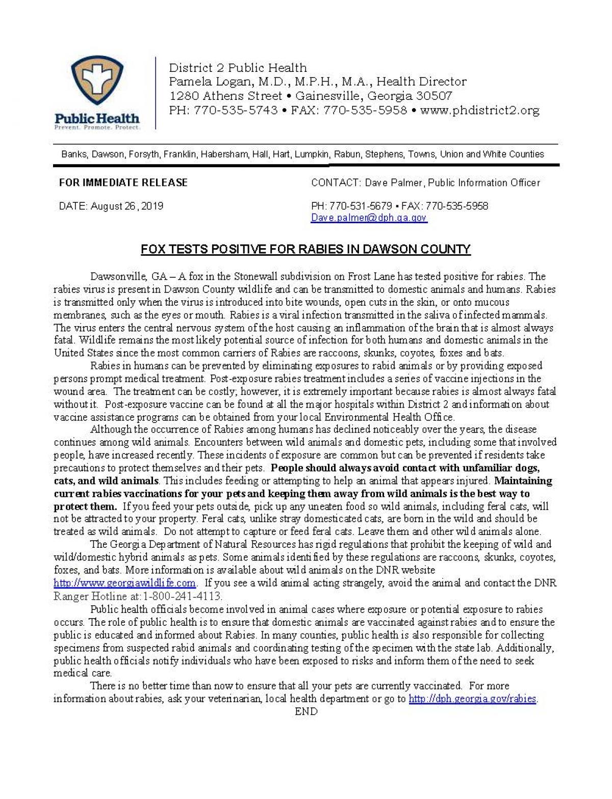 PRESS RELEASE PUBLIC HEALTH - FOX TESTS POSITIVE FOR RABIES IN DAWSON COUNTY 