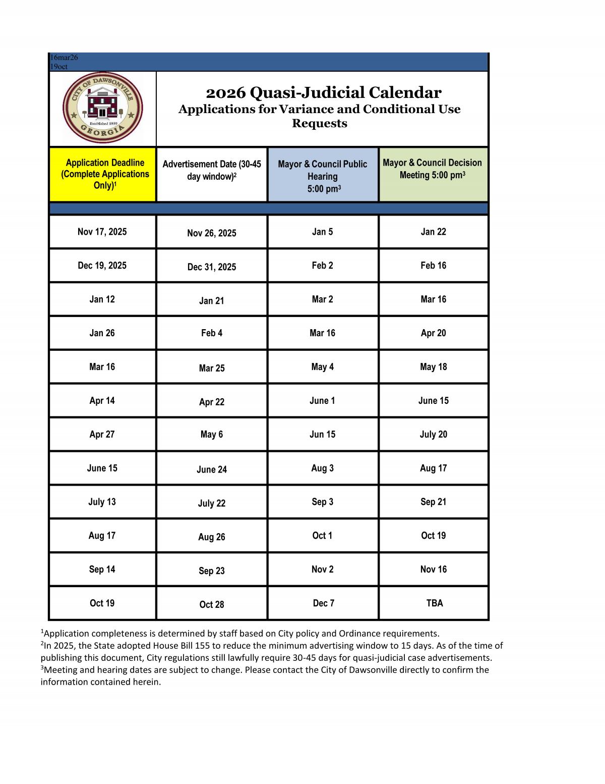 2026  Variance Submittal Deadline Dates