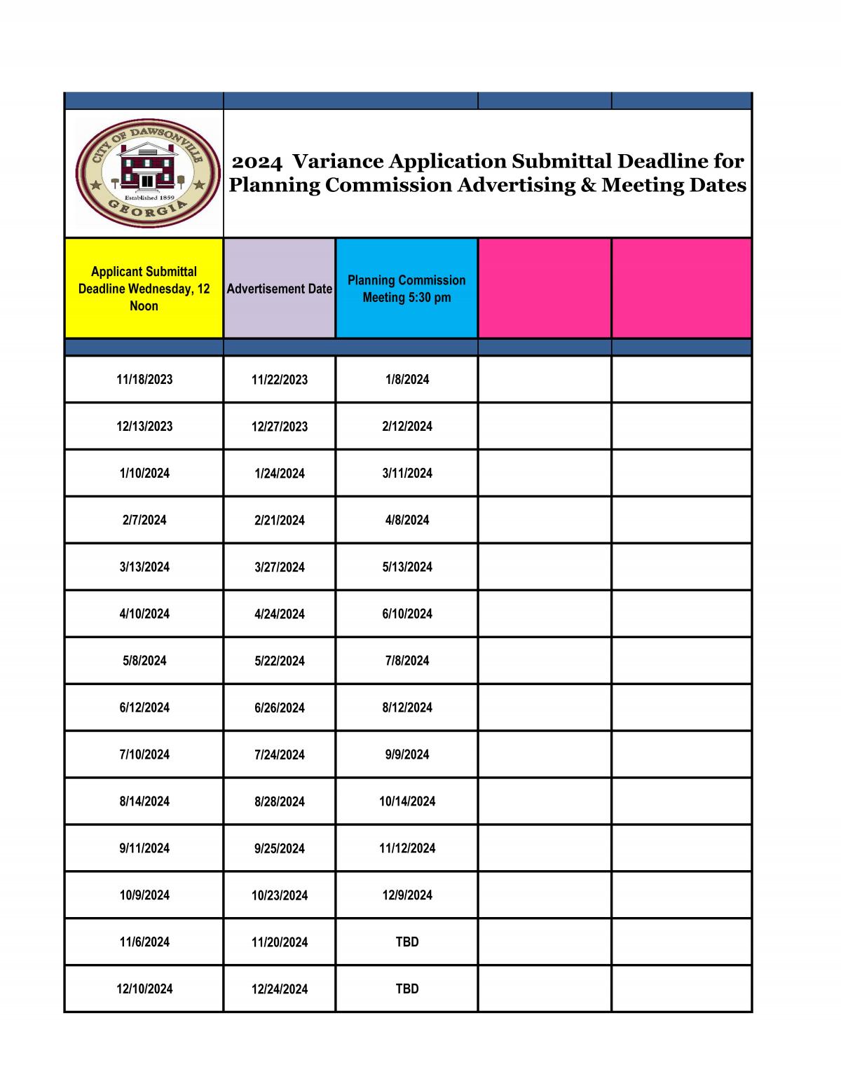 2024 Variance Planning Commission Submittal Calendar 