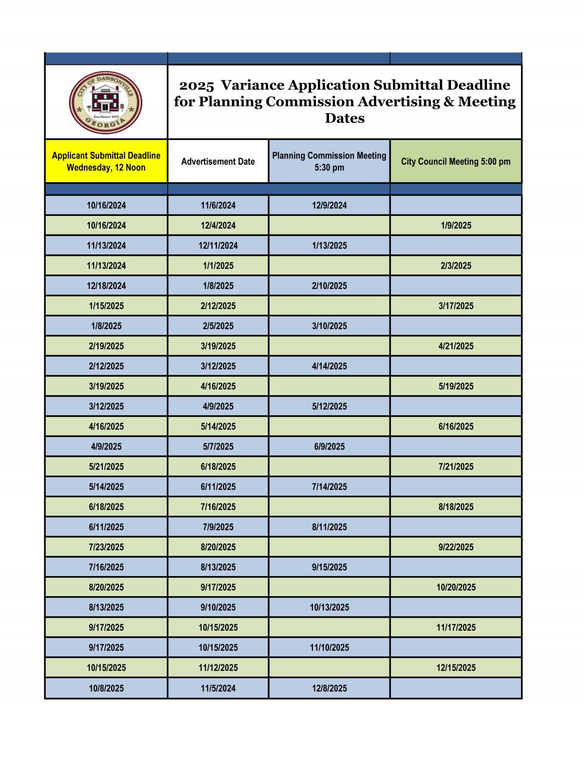 2025 Variance Planning Commission Submittal Calendar 