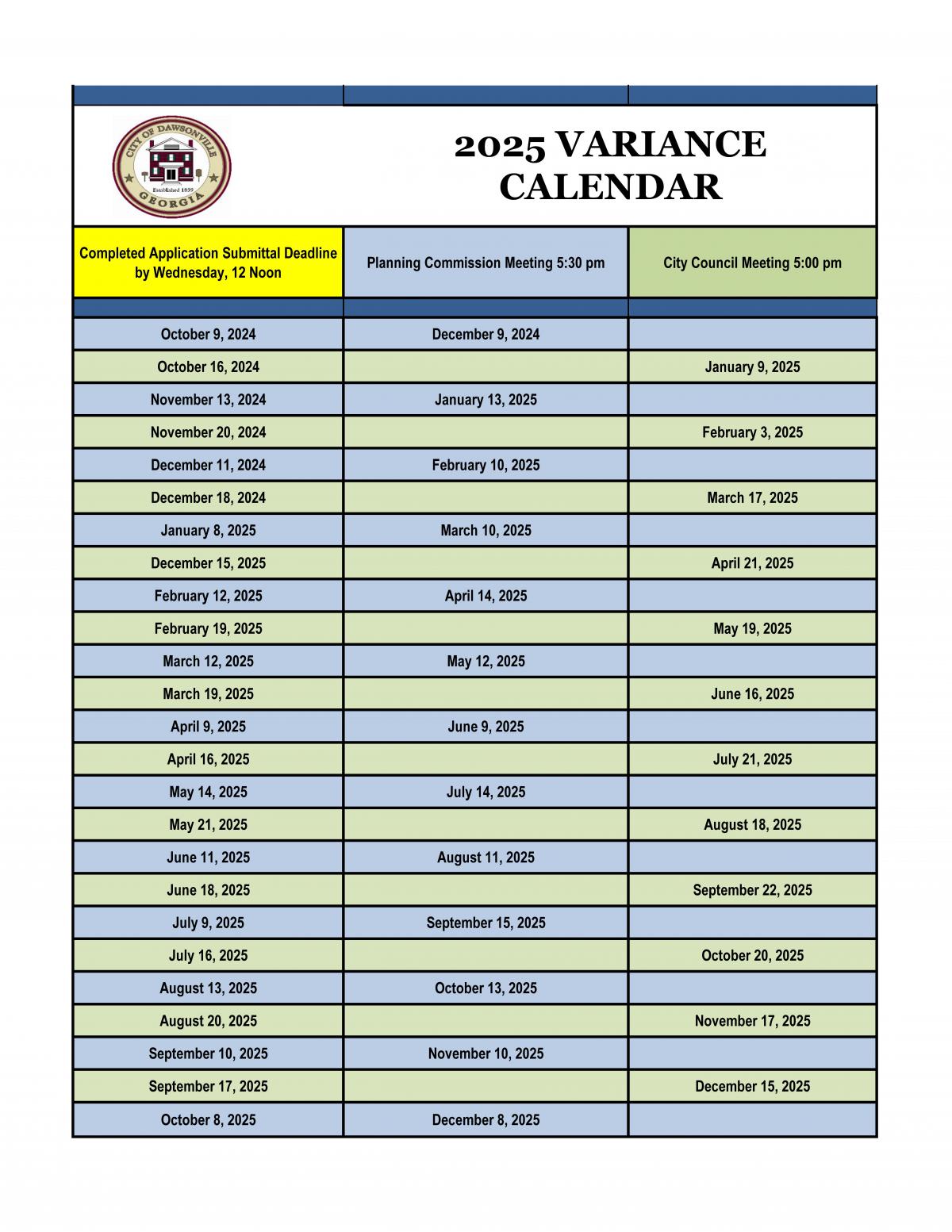 2025 Variance Calendar 