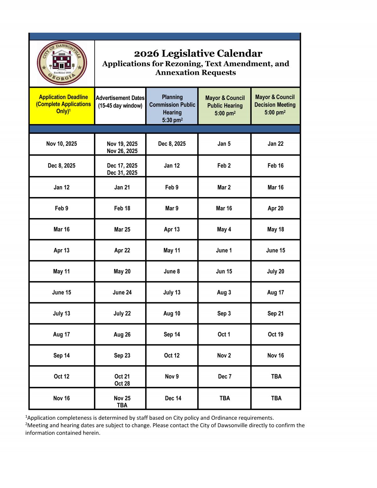 2026 Annexation & Zoning Submittal Deadline Dates